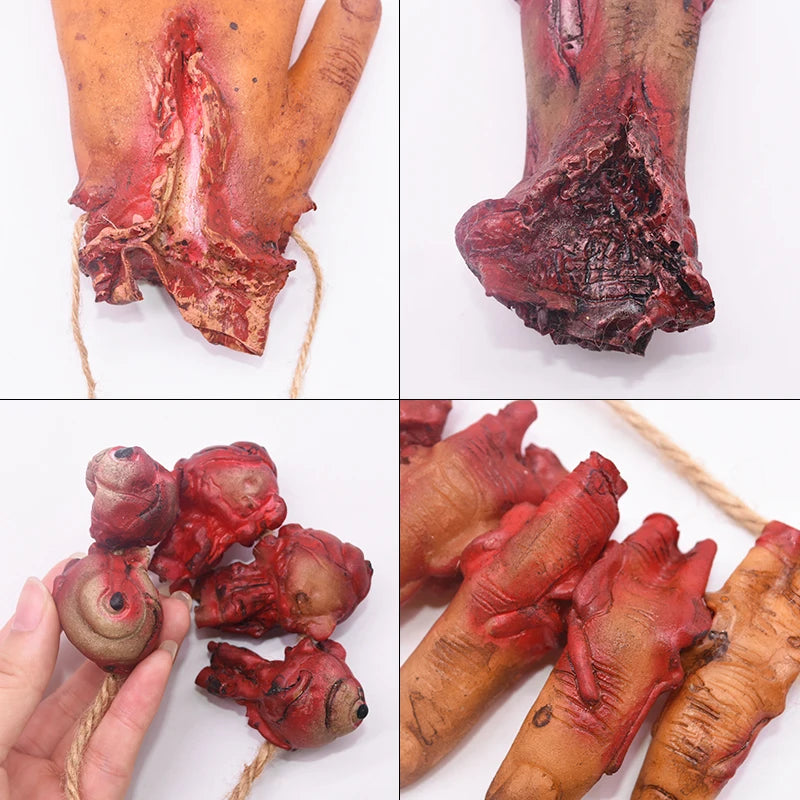 NovexA™ Halloween Horror Decorations – Creepy Hanging Props with Fake Bloody Hands, Feet, Bats & Mice