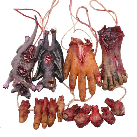 NovexA™ Halloween Horror Decorations – Creepy Hanging Props with Fake Bloody Hands, Feet, Bats & Mice