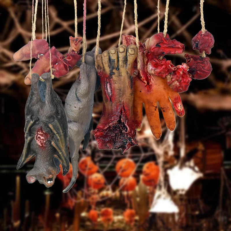 NovexA™ Halloween Horror Decorations – Creepy Hanging Props with Fake Bloody Hands, Feet, Bats & Mice