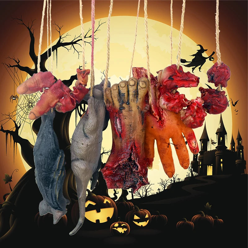 NovexA™ Halloween Horror Decorations – Creepy Hanging Props with Fake Bloody Hands, Feet, Bats & Mice
