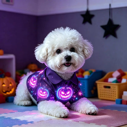 Novexa™ Halloween Dog Shirt – Neon Purple Pumpkin Print, Breathable Button-Up for Small & Medium Dogs 🎃🐶