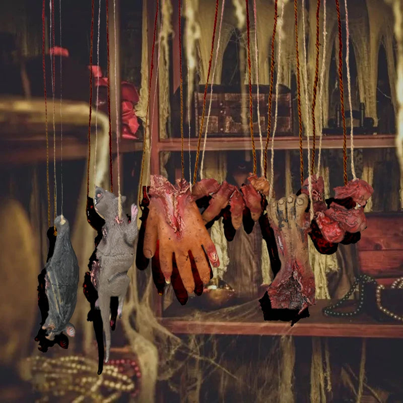 NovexA™ Halloween Horror Decorations – Creepy Hanging Props with Fake Bloody Hands, Feet, Bats & Mice
