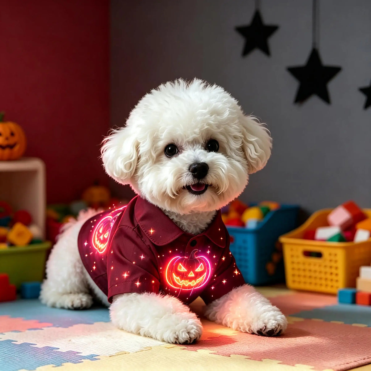 Novexa™ Halloween Dog Shirt – Neon Purple Pumpkin Print, Breathable Button-Up for Small & Medium Dogs 🎃🐶